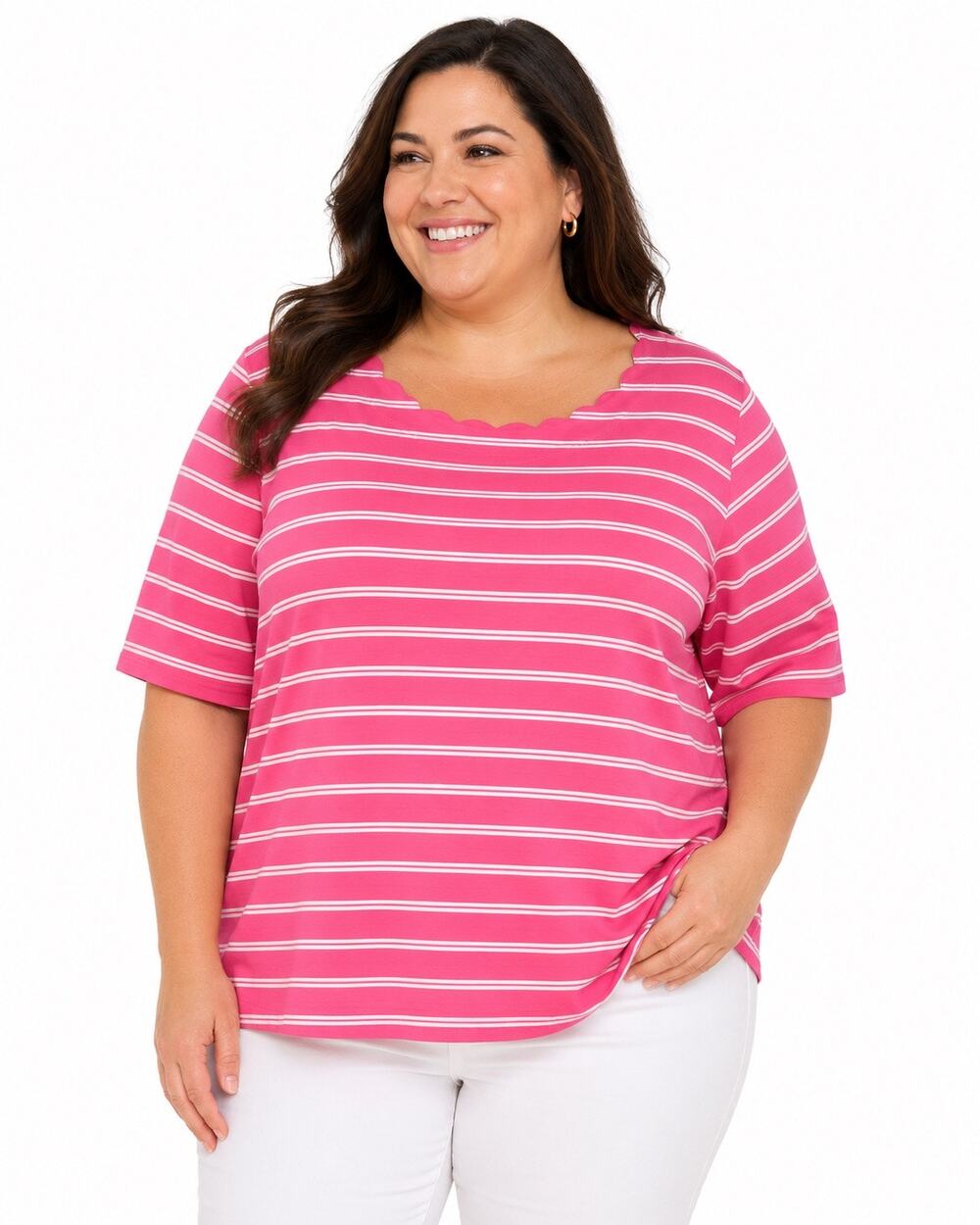 Talbots Plus 3X Pink White Striped Pima Cotton Scallop Neck Top